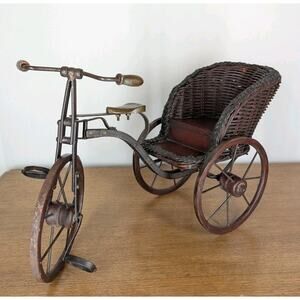 Vintage Wooden & Metal Miniature Doll Tricycle Rickshaw Wicker Seat 12" x 22"